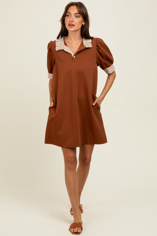 Mocha Mock Neck Contrast Striped Trim Mini Dress
