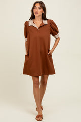 Mocha Mock Neck Contrast Striped Trim Mini Dress
