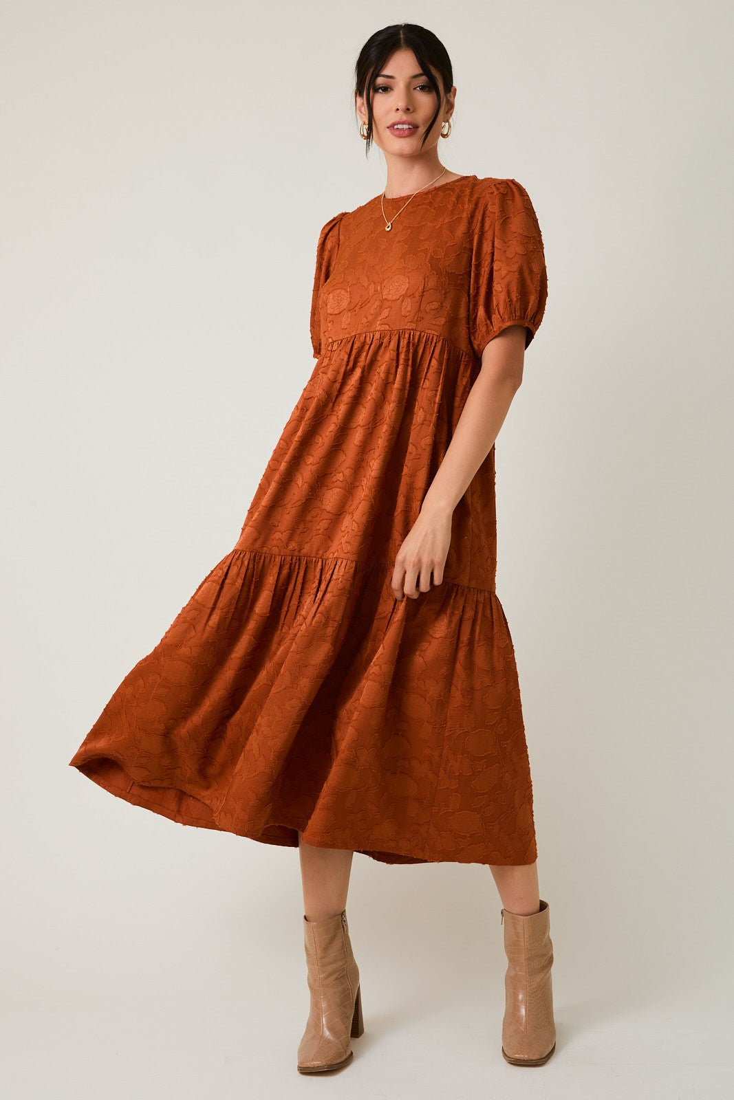 Rust Floral Jacquard Tie Detail Maternity Midi Dress