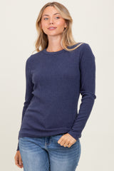 Navy Ribbed Knit Long Sleeve Top