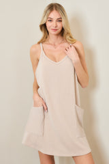 Beige Textured Rib Side Pocket Maternity Romper Dress
