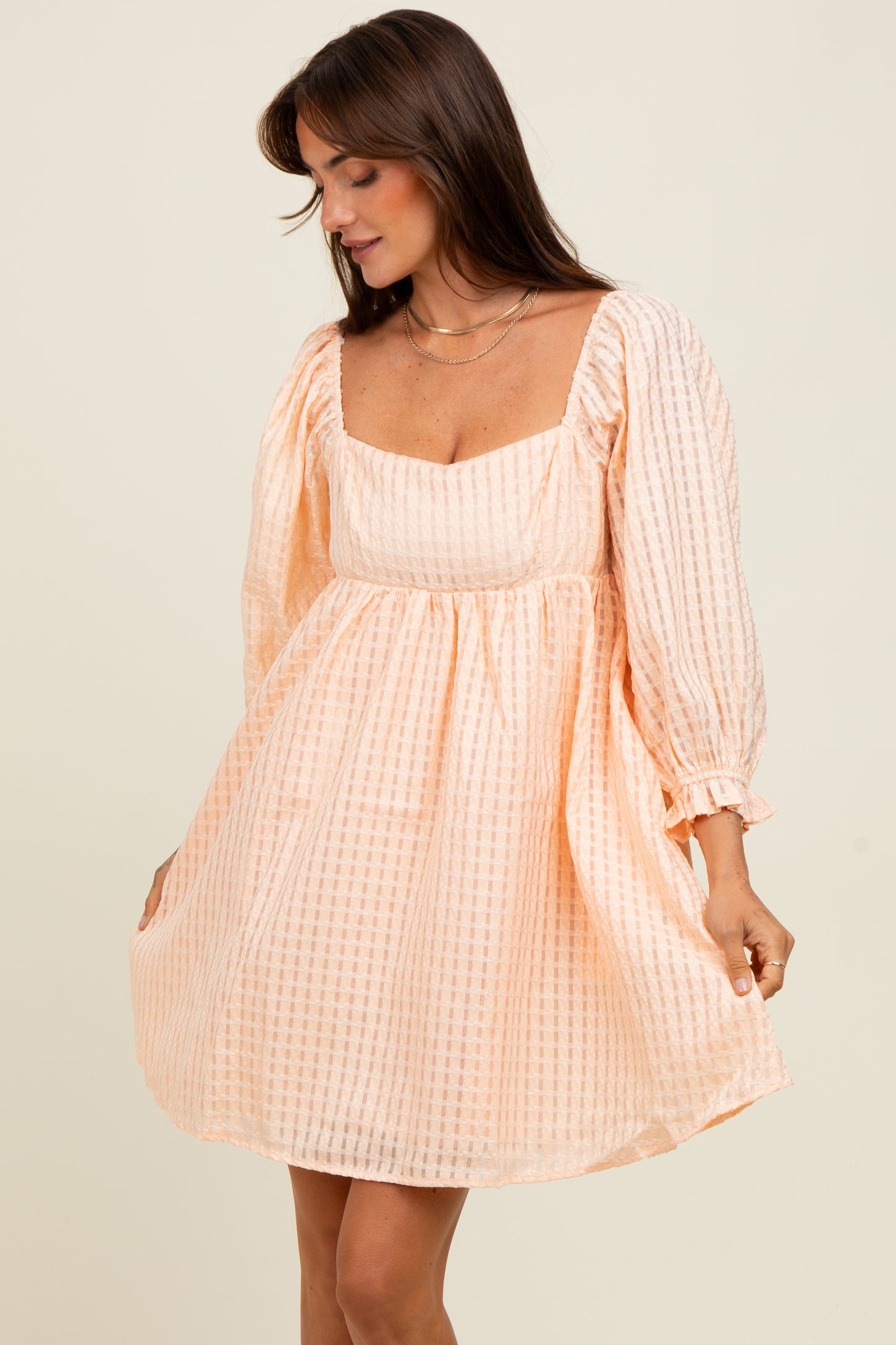 Peach Plaid Overlay Bubble Sleeve Maternity Dress