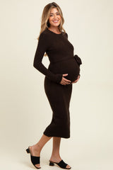 Brown Ribbed Tie Waist Maternity Sweater Dress