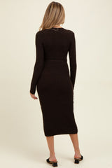 Brown Ribbed Tie Waist Maternity Sweater Dress