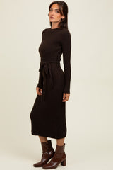 Brown Ribbed Tie Waist Sweater Dress