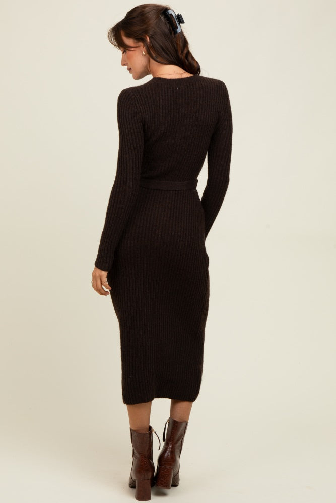 Brown Ribbed Tie Waist Sweater Dress