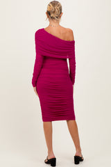 Magenta Ruched Mesh Off Shoulder Long Sleeve Maternity Midi Dress
