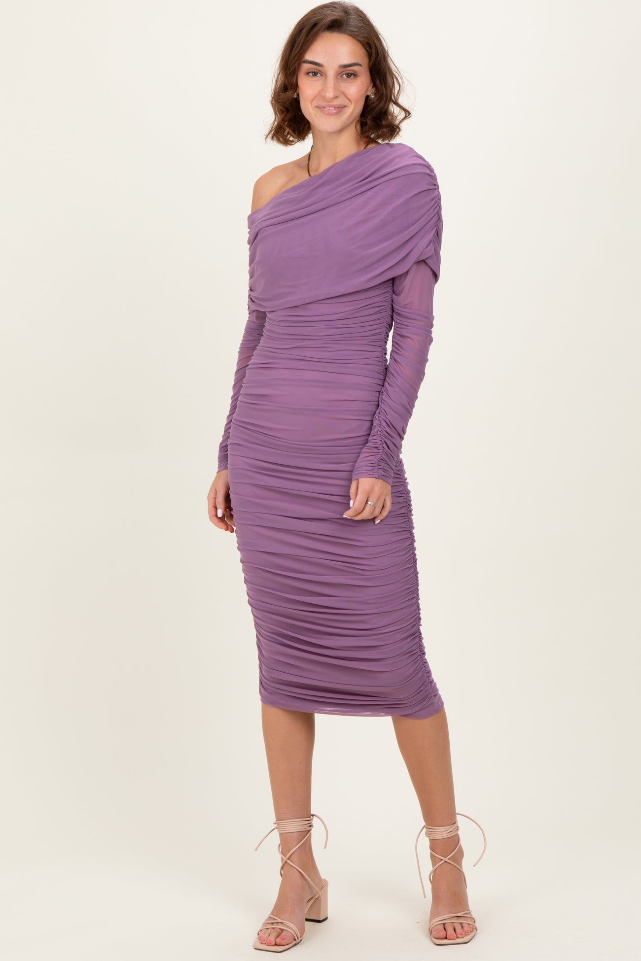 Lavender Ruched Mesh Off Shoulder Long Sleeve Midi Dress
