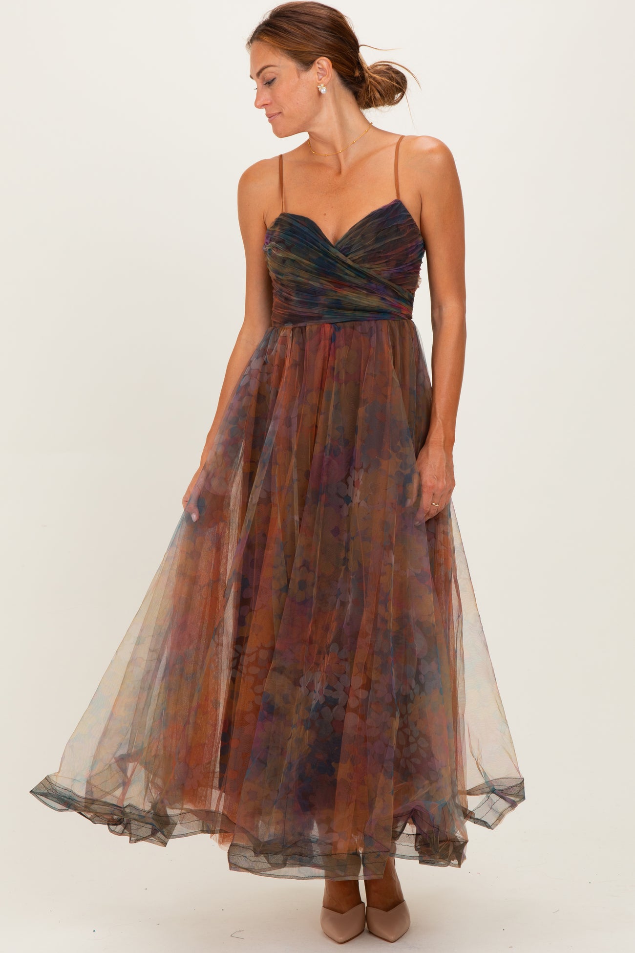 Multi Color Floral Mesh Tulle Overlay Maxi Dress