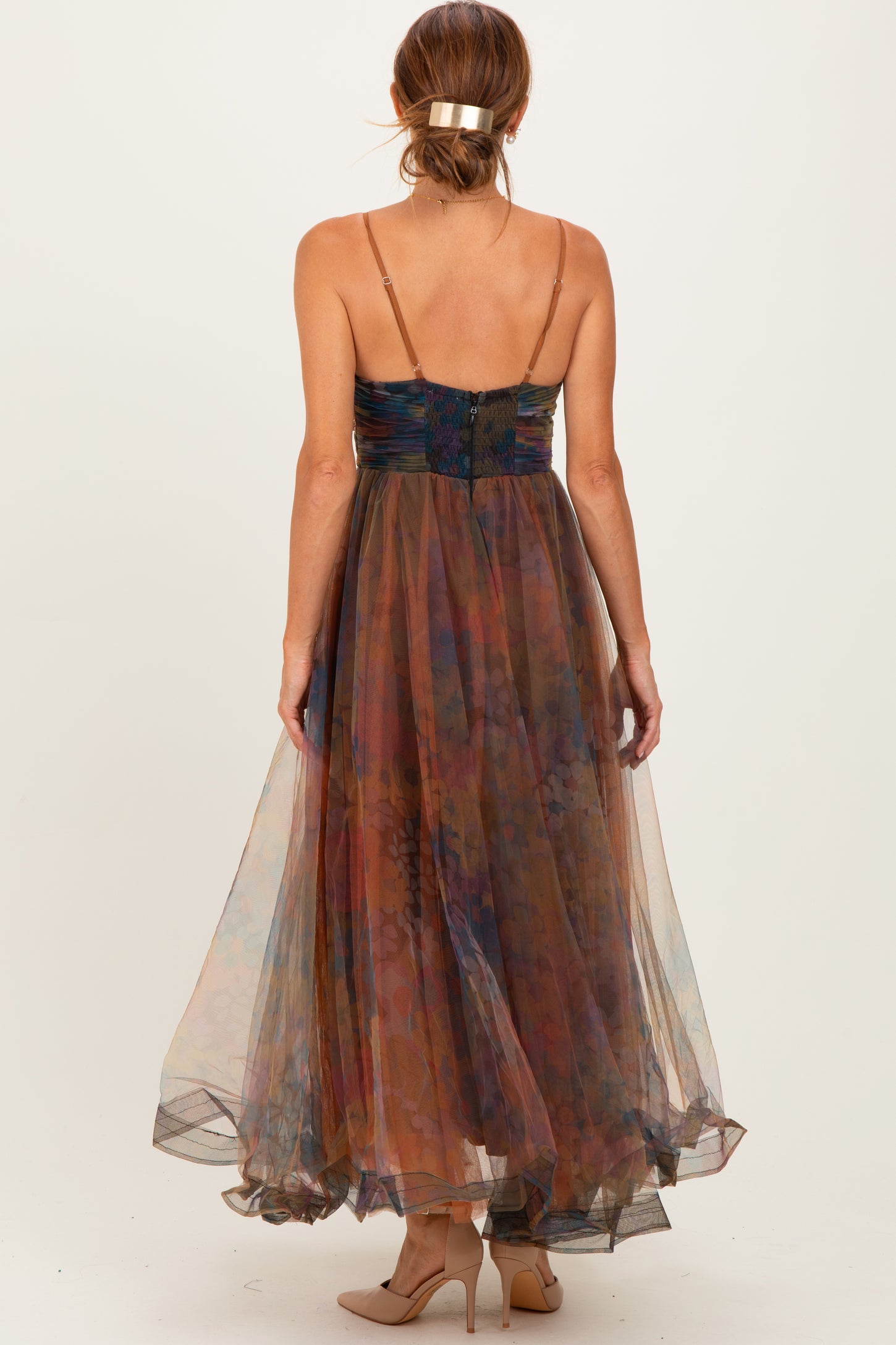 Multi Color Floral Mesh Tulle Overlay Maxi Dress