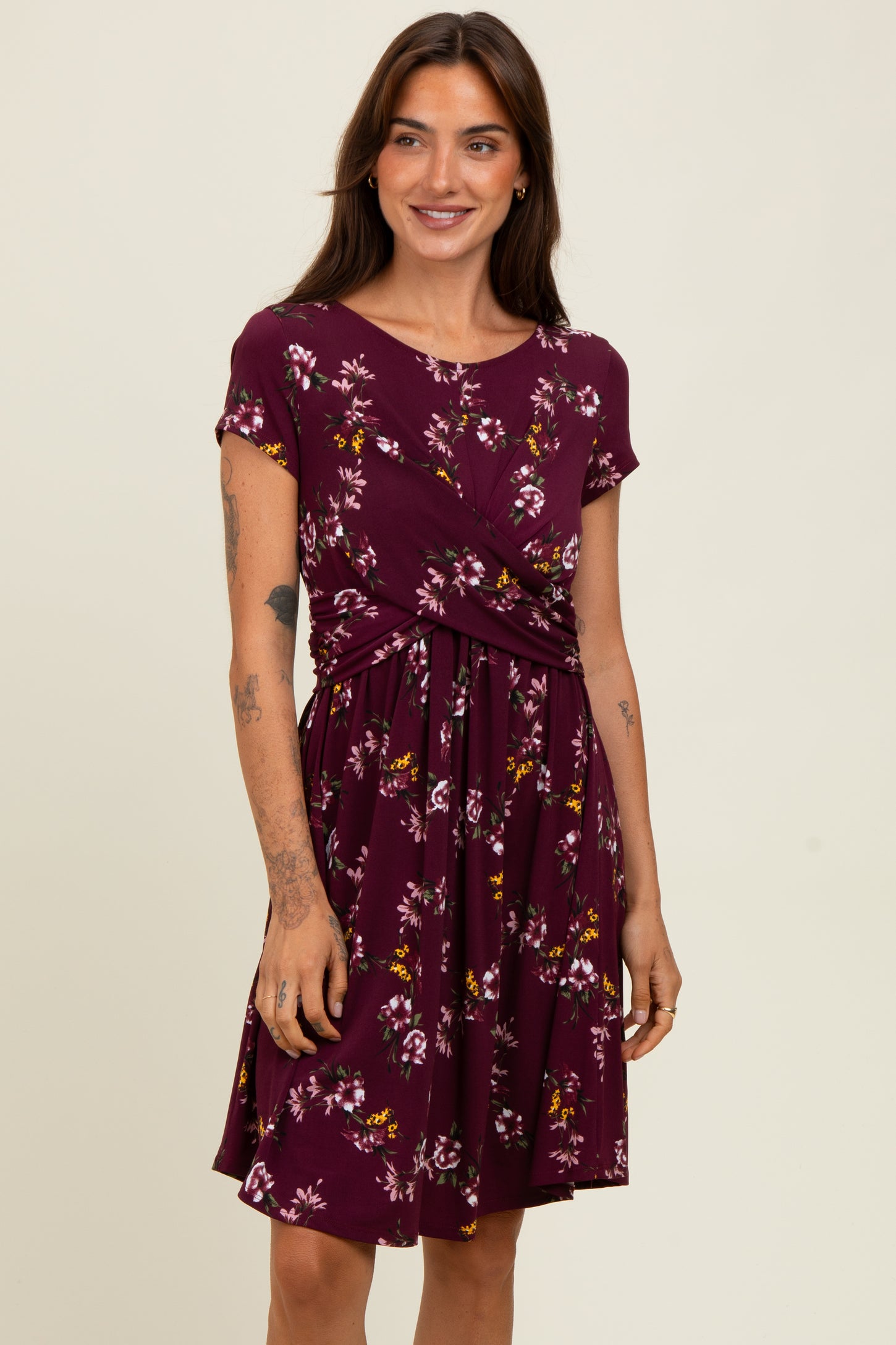 Burgundy Floral Crossover Front Maternity Dress