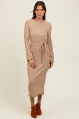 Camel Ribbed Ruffle Accent Long Sleeve Midi Dress