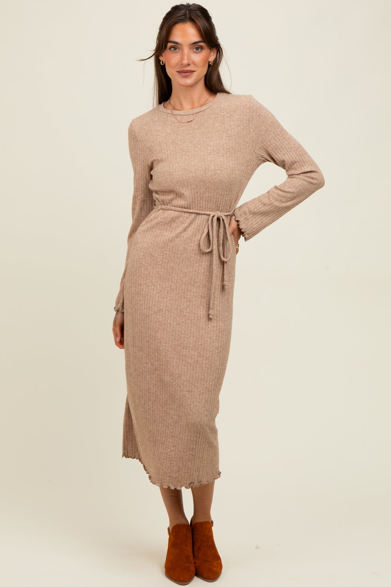 Camel Ribbed Ruffle Accent Long Sleeve Midi Dress