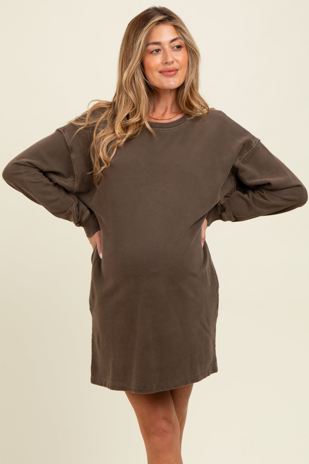 Brown Oversized Long Sleeve Maternity T-Shirt Dress