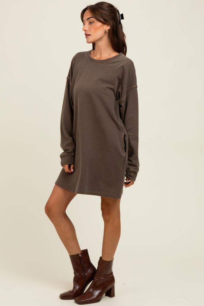 Brown Oversized Long Sleeve T-Shirt Dress