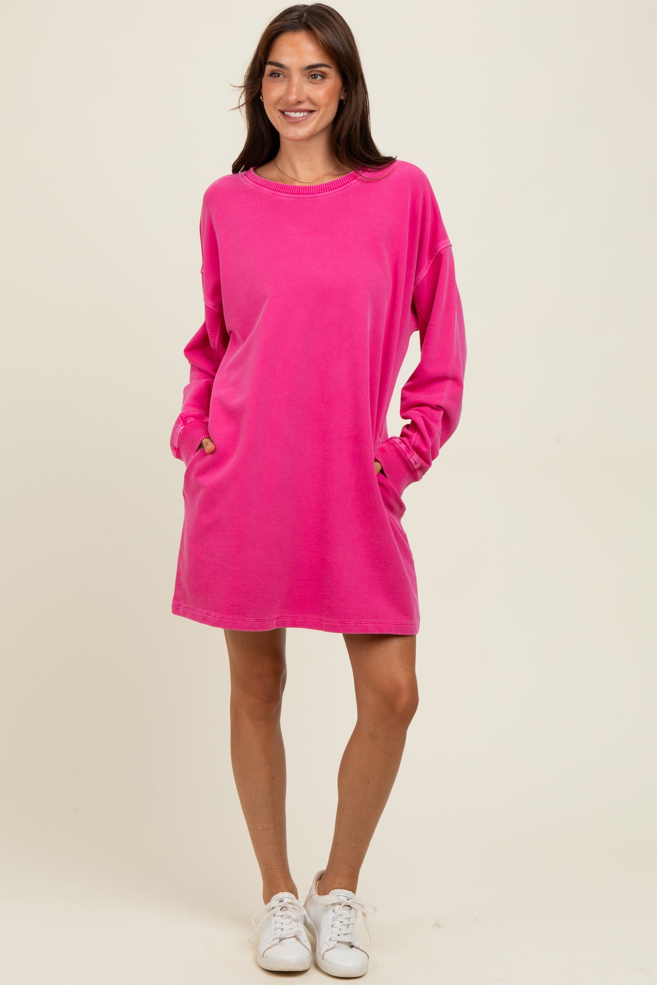 Fuchsia Oversized Long Sleeve Maternity T-Shirt Dress