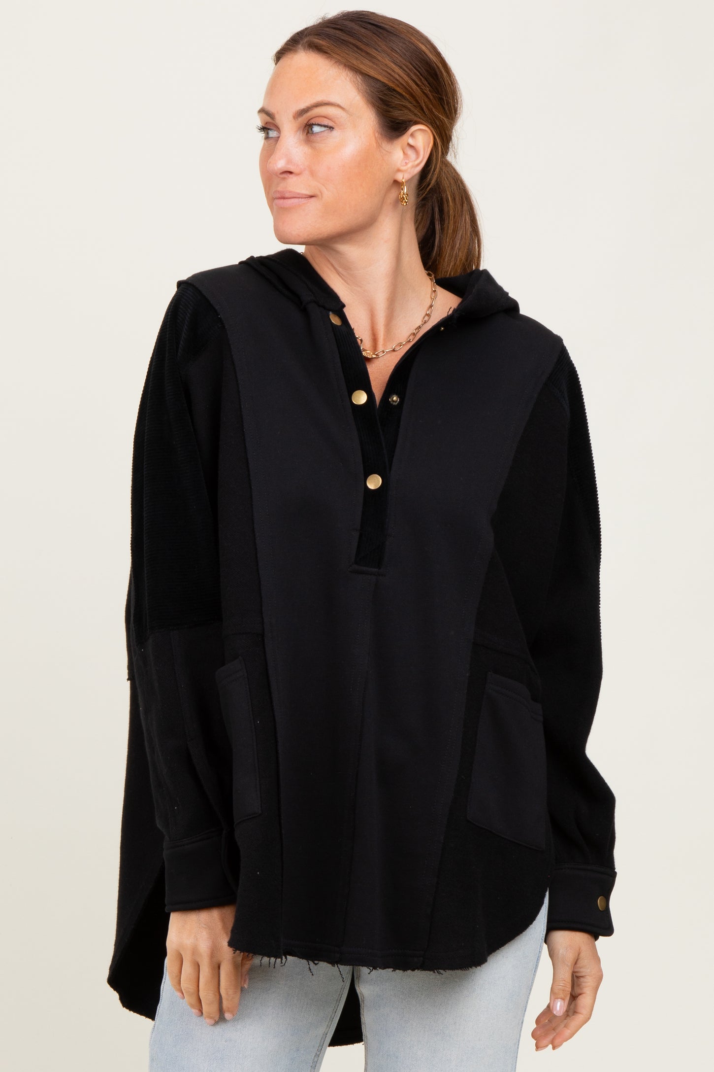 Black Corduroy Contrast Oversized Maternity Hoodie