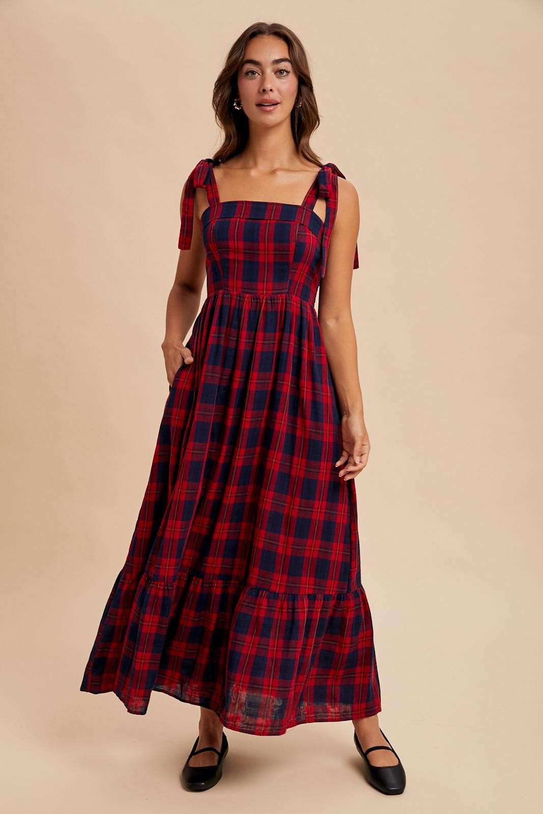 Red Plaid Sleeveless Cotton Maternity Maxi Dress