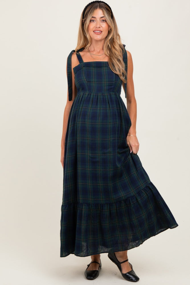 Hunter Green Plaid Sleeveless Cotton Maternity Maxi Dress
