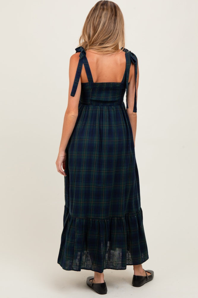 Hunter Green Plaid Sleeveless Cotton Maternity Maxi Dress