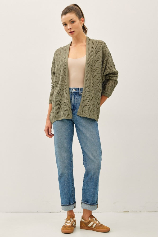 Olive Crochet Knit Scallop Detail Open Cardigan