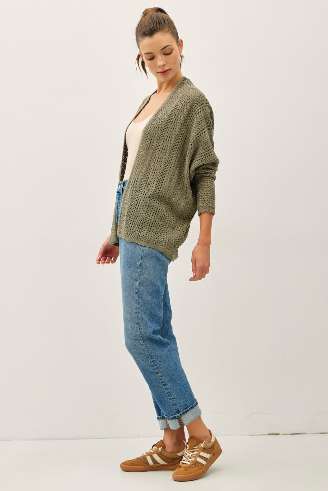 Olive Crochet Knit Scallop Detail Open Cardigan