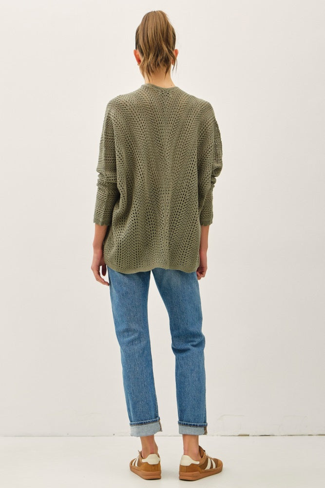 Olive Crochet Knit Scallop Detail Open Cardigan