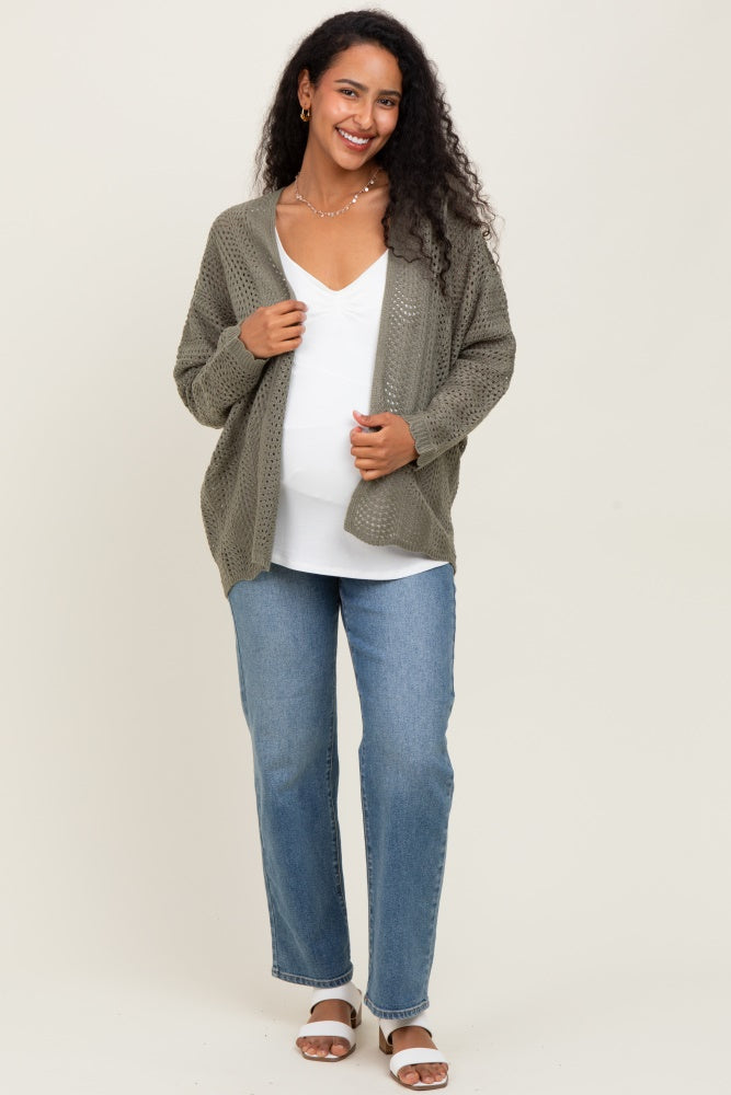 Olive Crochet Knit Scallop Detail Open Maternity Cardigan
