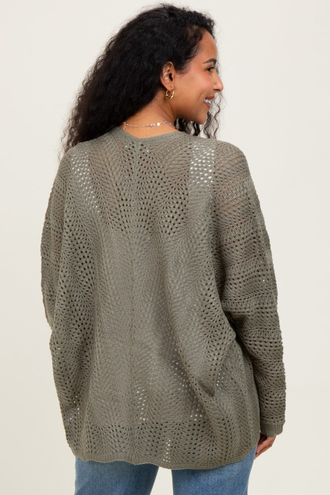 Olive Crochet Knit Scallop Detail Open Maternity Cardigan