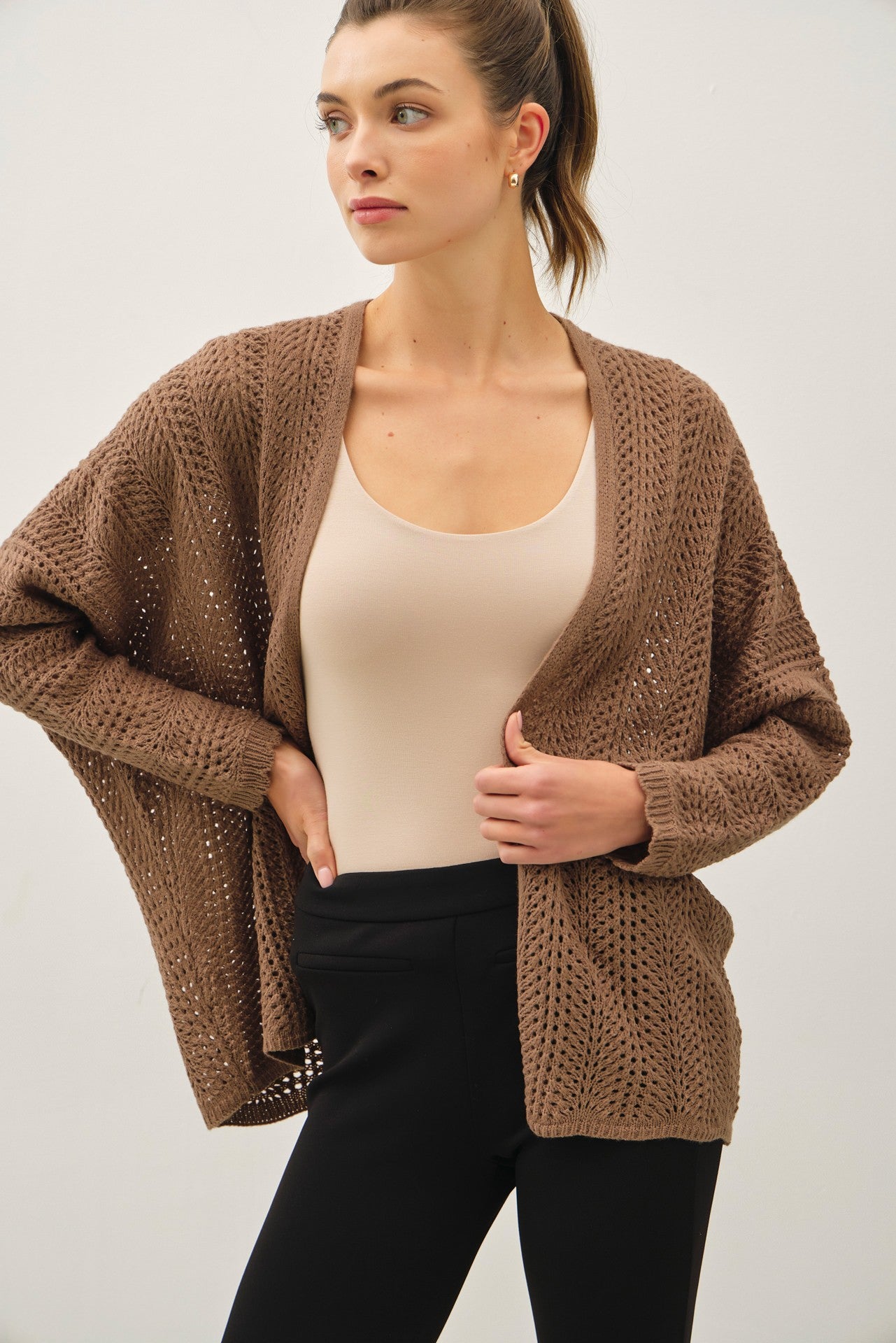 Brown Crochet Knit Scallop Detail Open Cardigan