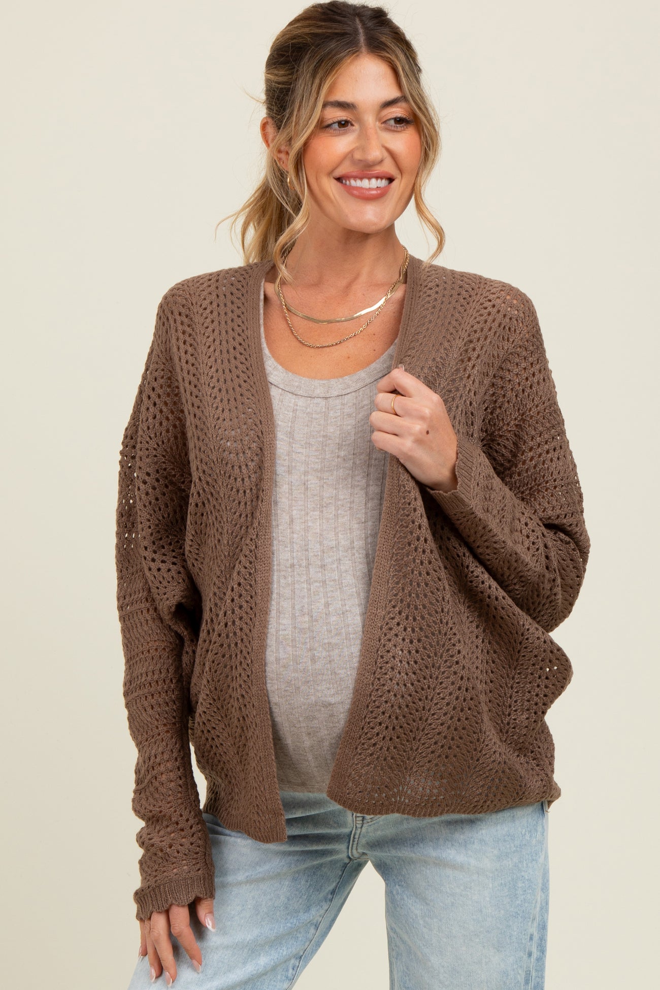 Brown Crochet Knit Scallop Detail Open Maternity Cardigan
