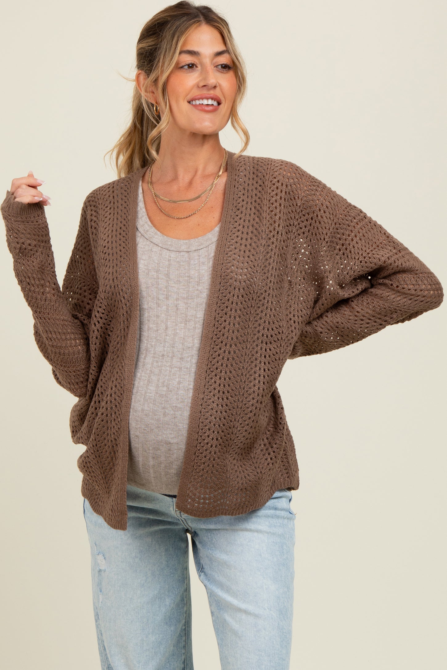 Brown Crochet Knit Scallop Detail Open Maternity Cardigan