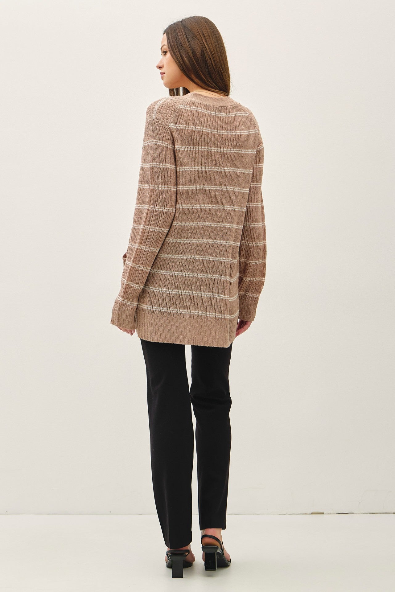 Mocha Fine Knit Striped Open Cardigan