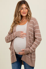 Mocha Fine Knit Striped Maternity Open Cardigan