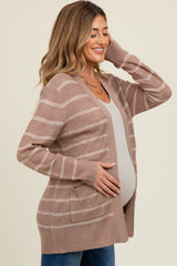 Mocha Fine Knit Striped Maternity Open Cardigan
