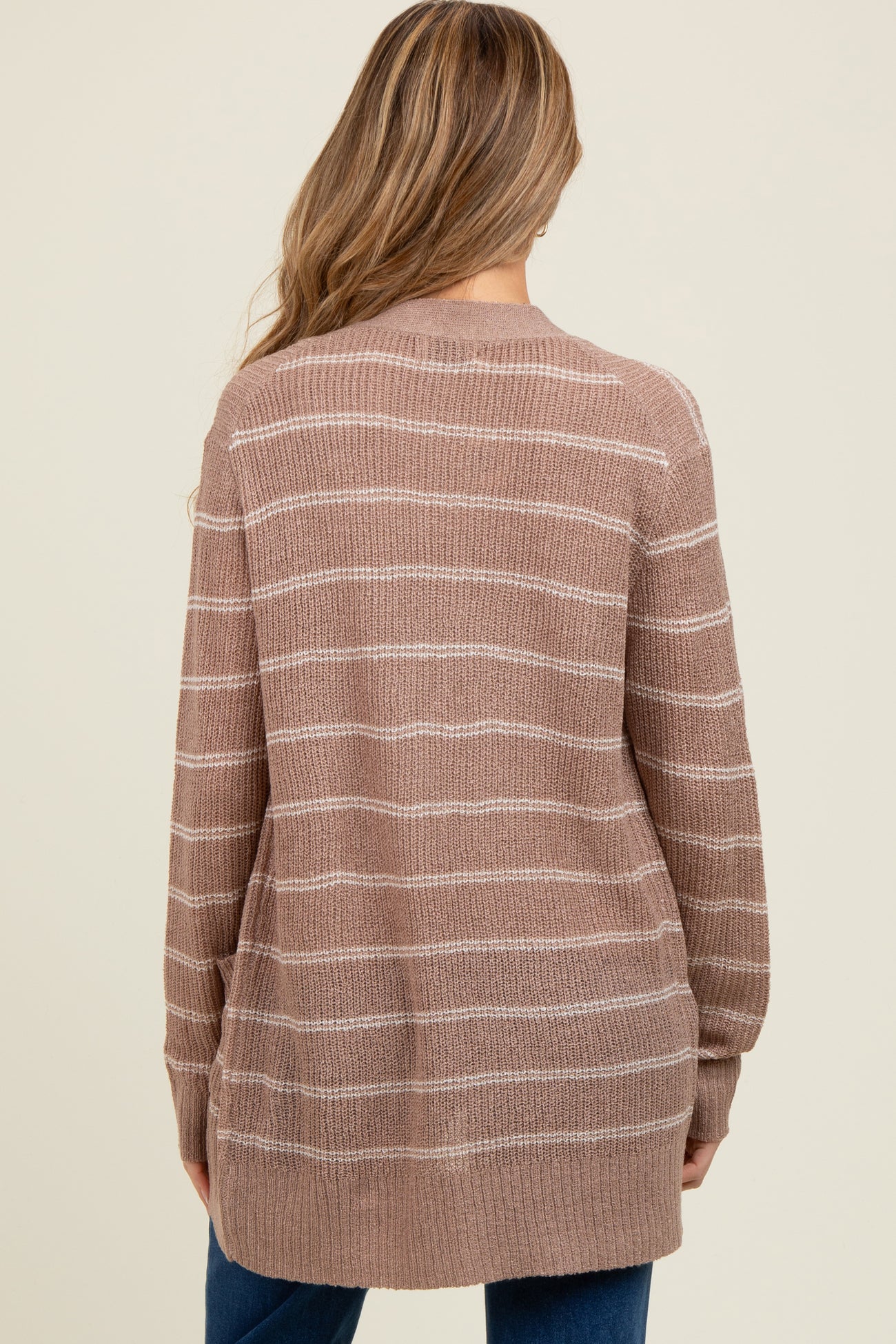 Mocha Fine Knit Striped Maternity Open Cardigan