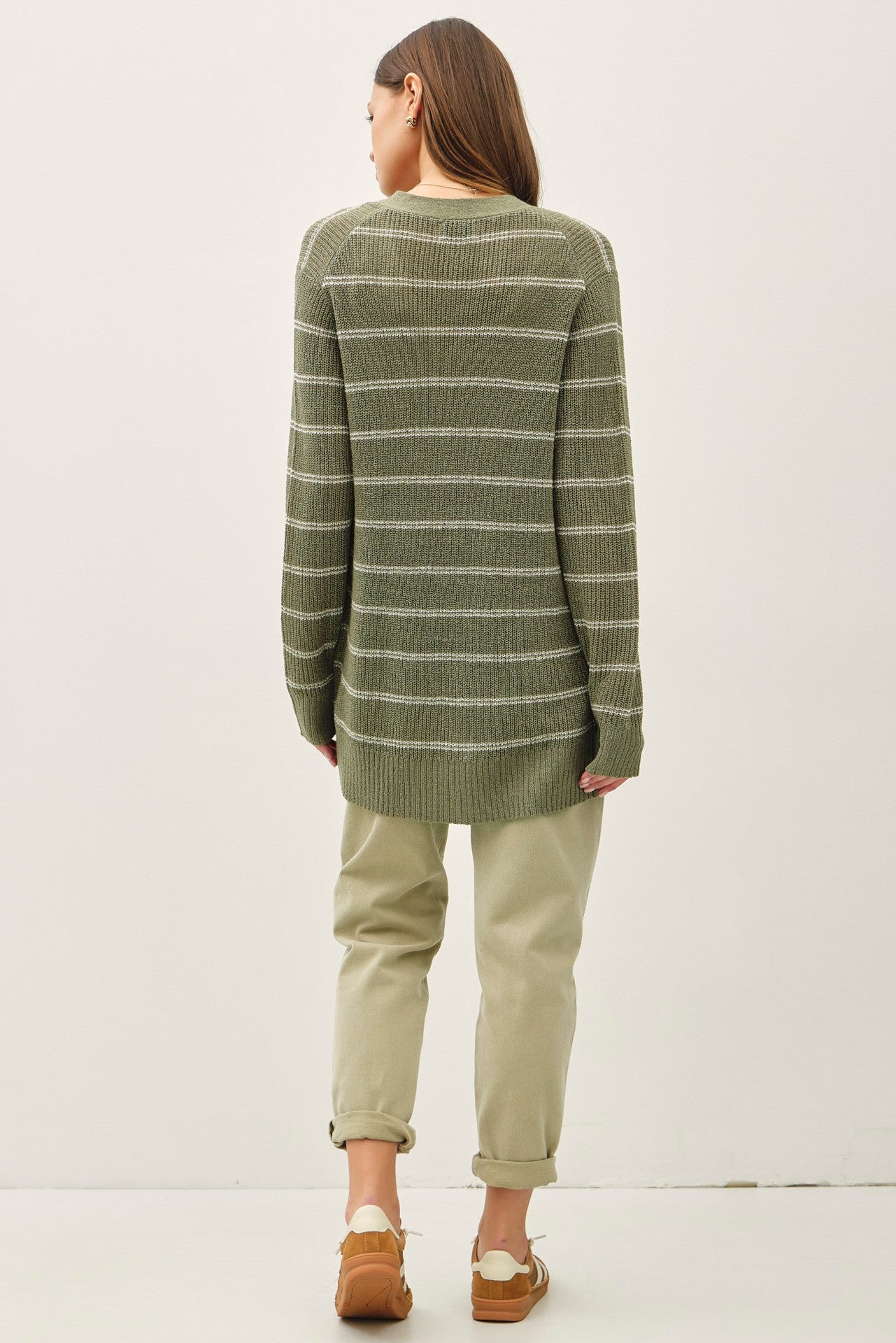 Olive Fine Knit Striped Open Cardigan