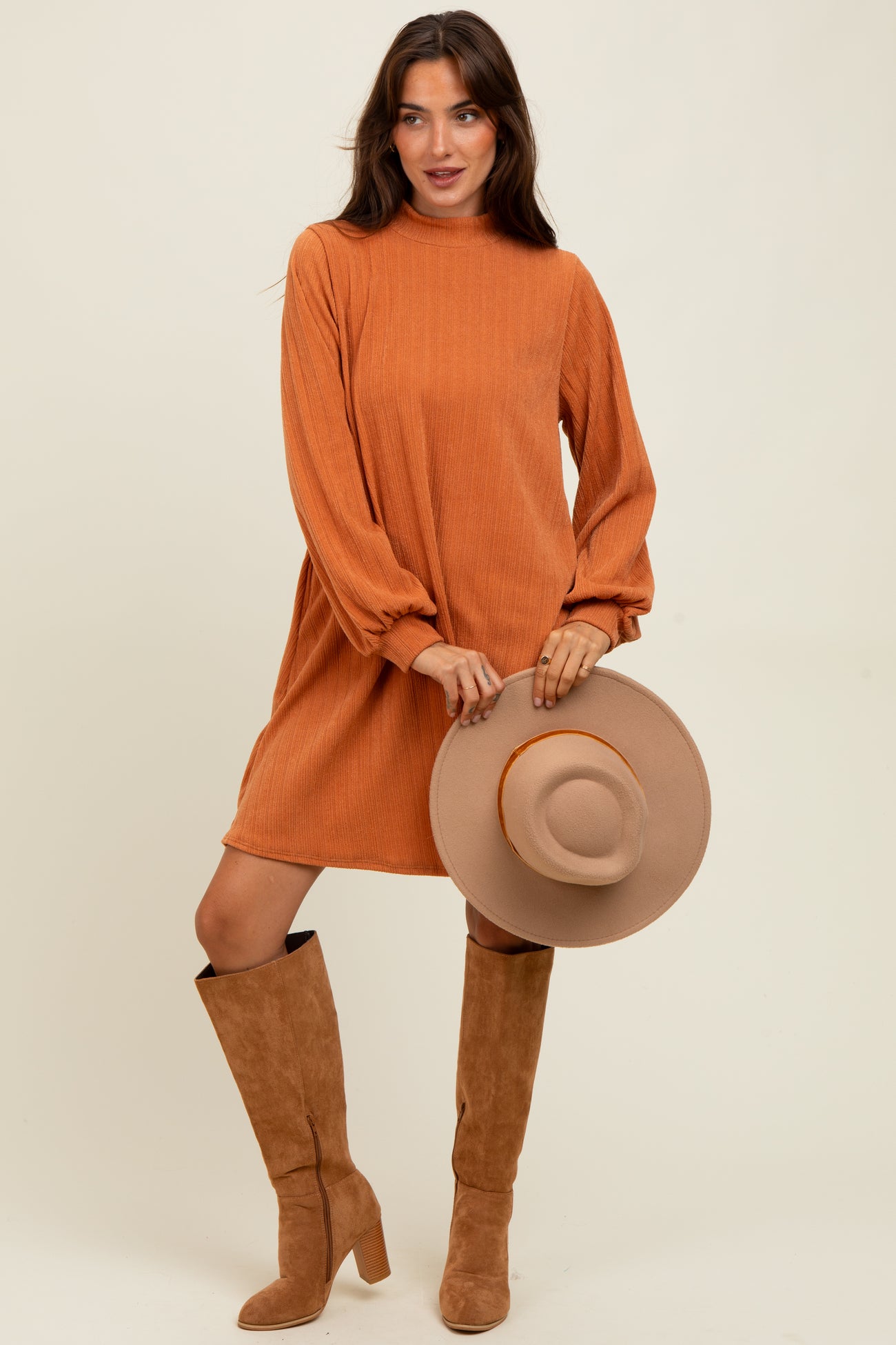 Camel Ribbed Mock Neck Bubble Sleeve Maternity Dress