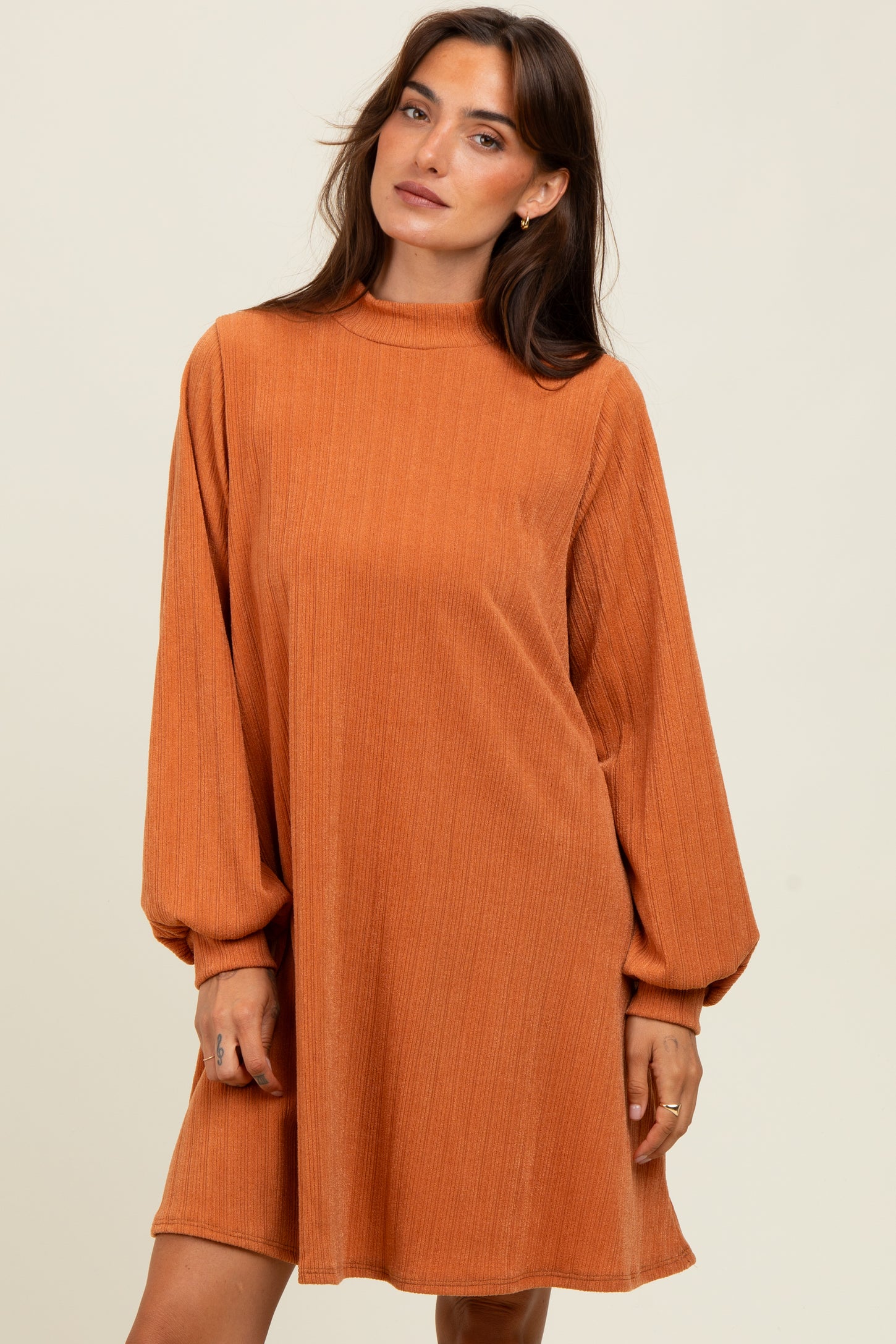 Camel Ribbed Mock Neck Bubble Sleeve Dress