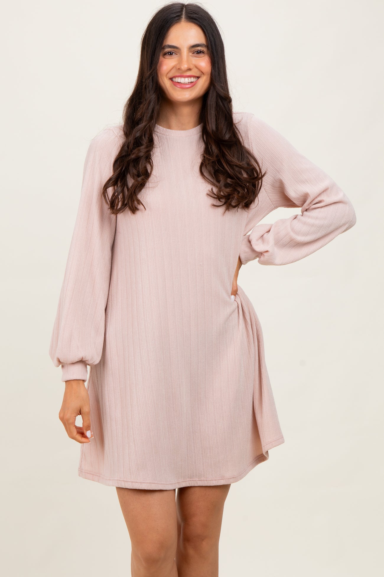 Light Pink Ribbed Mock Neck Bubble Sleeve Maternity Dress