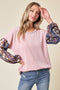 Light Pink Floral Ribbed Knit Colorblock Long Sleeve Top