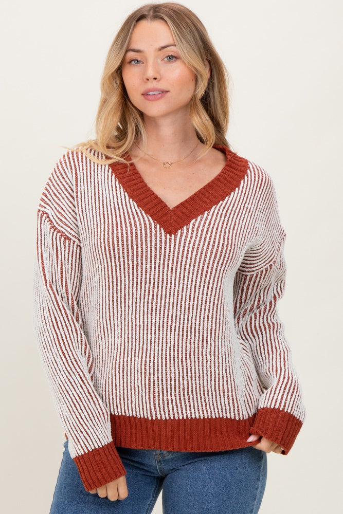 Rust Two Tone Ribbed V-Neck Chenille Maternity Sweater