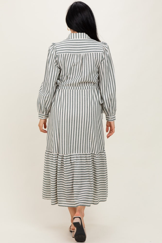 Green Striped Collared Button Down Waist Tie Maxi Dress