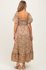 Mocha Leaf Print Smocked Square Neck Puff Sleeve Maternity Maxi Dress