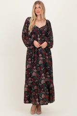 Black Floral Long Balloon Sleeve Sweetheart Neck Maternity Maxi Dress