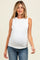 woman wearing a white sleeveless ribbed maternity top and showing her baby bump