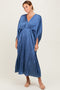 Blue Satin Pleated V-Neck Maxi Dress