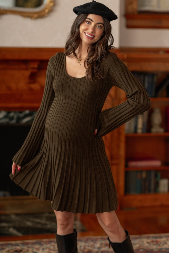 Brown Ribbed Knit Maternity Mini Sweater Dress