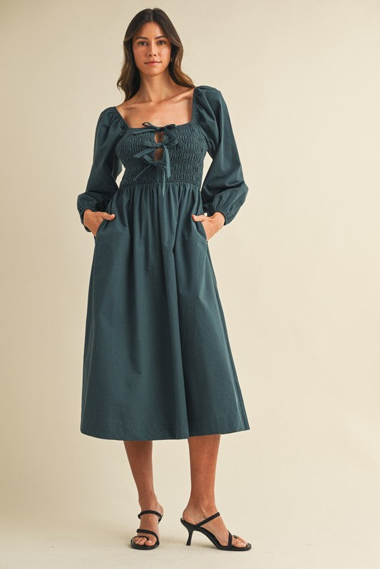 Forest Green Bow Detail Smocked Maternity Midi Dress