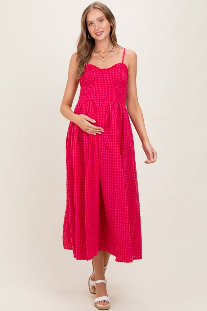 Red Gingham Smocked Ruffle Accent Maternity Maxi Dress
